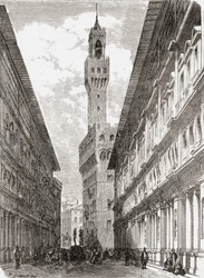 Uffizit, Palazzo Vecchio ja patsaita Piazza della Signoria -aukiolla Firenzessä 1800-luvun lopulla. Teoksesta Italian Pictures by Rev. Samuel Manning, julkaistu noin vuonna 1890.
