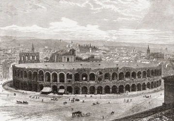 Veronan areena, Piazza Bra, Verona, Italia 1800-luvun lopulla. Teoksesta Italian Pictures by Rev. Samuel Manning, julkaistu noin vuonna 1890.