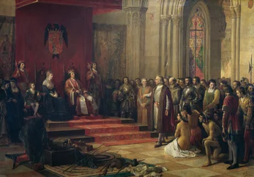 Katoliset hallitsijat ottavat Kristoffer Kolumbuksen vastaan Barcelonassa hänen palattuaan ensimmäiseltä matkaltaan Amerikkaan, 1874