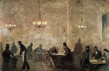 Kahvila, c. 1860-65 (öljy peltille)
