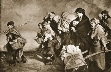 "Kodittomat", pako saksalaisilta laumoilta, "The Illustrated War News" -julkaisusta (litho)