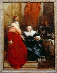 Ranskan kuningatar Anne Itävallan (1601-1666) ja kardinaali Julius Mazarin (1602-1661) Richard Boningtonin (1801-1828) maalaus 1824 Su. 0,35x0,27 m