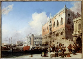 Näkymä Venetsiaan, Quai des Schiavoniin ja Dogesien palatsille Richard Boningtonin (1801-1828) maalaus 1827 su. 0,41 x 0,54 m