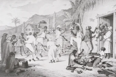 Musta tanssi, teoksesta "West India Scenery with Illustrations of Negro Character", painanut R. Jennings