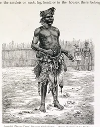 Azandeh (Nyam-Nyam) Binsa tai noitatohtori, kaiverrus Jahrmargt, Prof. Friedrich Ratzelin teoksesta "Ihmiskunnan historia", pub. vuonna 1904 (kaiverrus)