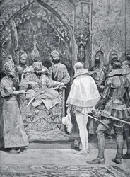 Akbar Suuri vastaanottaa kuningatar Elisabetin suurlähettilään vuonna 1599 (litho)