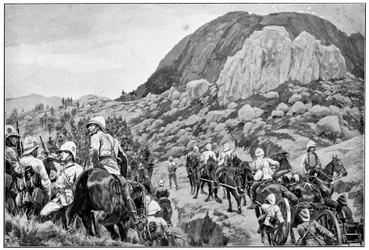 Brittiläinen tykistö lähdössä hyökkäykseen Spion Kopia vastaan, 2. buurisota, 24. tammikuuta 1900