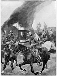 Brittiläiset siirtomaajoukot polttamassa kapinallisen buurin maatilaa. R. Caton Woodvillen maalauksen mukaan. 2. buurisota 1899-1902.