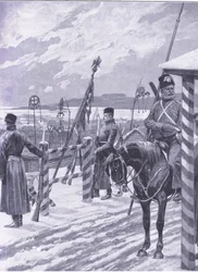 Mantsurian kasakka-asema, jossa heimokyltit miesten majojen päällä, kuva Cassellsin Venäjän ja Japanin sodan historiasta, osa 1, n. 1900