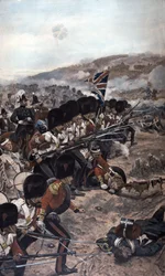 Coldstream Guardsin sotilasrivistö etenee kiinnitetyin pistimin tulituksen alla kohti vihollista, Alman taistelu, Krimin sota (1854-56), 1896
