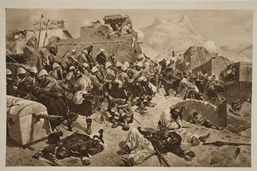 Candahar: 92. ylämaalaiset ja 2. gurkit hyökkäävät Gaudi Mullah Sahibdadiin, The Illustrated London Newsista, 1901