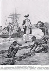 Kapteeni Cook laskeutui Tasmaniaan, 1777, kuva "Hutchinsonin tarinasta brittiläisestä kansasta", n. 1923