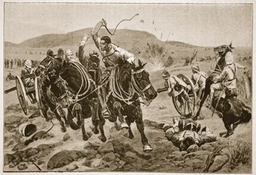 Field Artillery ryhtyy toimiin, kuvitus teoksesta "Battles of the Nineteenth Century, Vol. VI: Buurien sota 1899-1900, Archibald Forbes, G.A. Henty ja majuri Arthur Griffiths