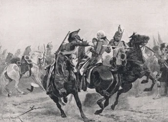 Ranskan lohikoonien hyökkäys Sir Ralph Abercrombieta vastaan, kuvitus julkaisusta "British Battles on Land and Sea", julkaisija Cassell, Lontoo, n. 1910