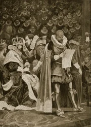 Kunnianosoitus, anteliaisuus ja yleinen armahdus Jaakko I:n ja Tanskan Annan kruunajaisissa 25. heinäkuuta 1603, julkaisusta "The Illustrated London News", 1902