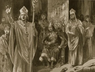Canterburyn arkkipiispan Hubert Walterin puhe Juhanan kruunajaisissa helatorstaina 27. toukokuuta 1199, lehdestä "The Illustrated London News", 1902