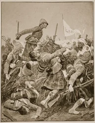 Seaforth Highlanders hyökkäämässä zarebaa vastaan Atbaran taistelussa, esimerkki teoksesta "Battles of the Nineteenth Century", osa. V: Kampanjat 90-luvulla, kirjoittanut A. Hilliard Atteridge