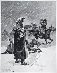 Turkkilais-baškiiri-kasakkajousimiehet ahdistelivat ja vainosivat Napoleonin armeijan vetäytymistä Venäjältä vuonna 1812 (väri litho)