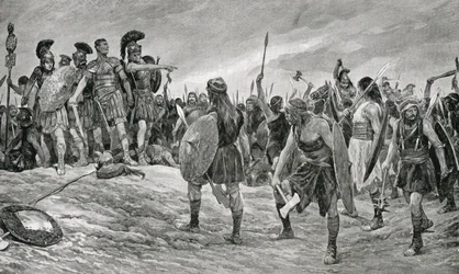 Hänen poikansa Tituksen pelastama Vespasianus, kuva Hutchinsonin kansakuntien historiasta, n. 1910