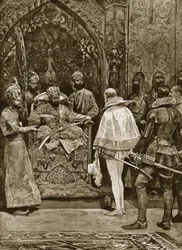 Varhainen englantilainen lähetystö Intiassa, 1599, kuvitus teoksesta "Hutchinsonin kertomus Britannian kansakunnasta", noin 1923