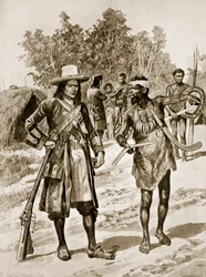 Dampier tutkii bumerangia Australiassa, kuvitus teoksesta 