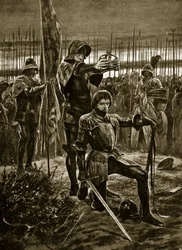 Henrik VII kruunataan Bosworthissa, kuvitus teoksesta "Hutchinson