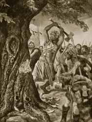 Malachy kaataa Munsterin kruunajaispuun vuonna 982, kuvitus teoksesta ”Hutchinson