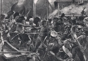 42. Highlanders ajamassa ranskalaisia ulos Elvinasta, kuvitus teoksesta "British Battles on Land and Sea", julkaisija Cassell, Lontoo, n. 1910
