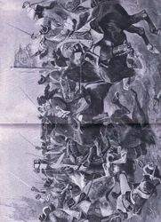 Ratsuväkikonflikti Ramillesin taistelussa 3. toukokuuta 1706, kuva brittiläisistä taisteluista maalla ja merellä, 1915
