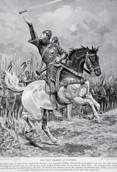 Ensimmäinen hyökkäys Hastingsissa: miekalla jongleerannut trubaduuri Taillefer ratsasti vuonna 1066 laulavana ulos riveistä ja heitteli miekkaansa ilmaan, kuvitus teoksesta "Hutchinson