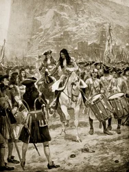 Gibraltarin antautuminen englantilaisille, 24. heinäkuuta 1704, kuvitus teoksesta "Hutchinson