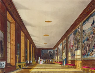 The Ball Room, Hampton Court, teoksesta "The History of the Royal Residences", kaiverrus Richard Reeve (s.1780), William Henry Pyne (1769-1843), 1819