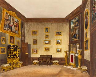 Kuninkaan kirjoituskaappi, Hampton Court, teoksesta "The History of the Royal Residences", kaivertaja Richard Reeve (s.1780), William Henry Pyne (1769-1843), 1819.