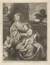 Madonna nukkuvan lapsen ja Johannes Kastajan kanssa Our Lady of the Bystant Brvsseliin (otsikko esineessä)