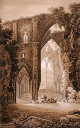 Tintern Abbey, William Coxen "Historialisesta kiertueesta Monmouthshiren läpi", painanut T. Cadell, 1801 (wc-kynä ja muste ja grafiitti paperille)