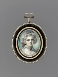 Naisen muotokuva, n. 1785 (akvarelli norsunluun, 9k ruusukulta, siemenhelmiä, emali ja lasi)