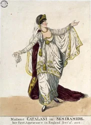 Madame Catalani elokuvassa "Semiramide", hänen ensimmäinen esiintymisensä Englannissa, 13. joulukuuta 1806 (värillinen etsaus)