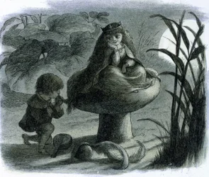 Sienellä istuvaa vesikeijua seurustelee rakastaja. Richard Doylen teoksessa "World of Fairies".