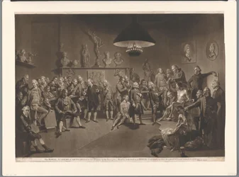 Kuninkaallisen akatemian jäseniä sisätiloissa alaston miesmallin kanssa, 1768 Kuninkaallinen taideakatemia, jonka kuningas perusti vuonna 1768 (otsikko esineessä)