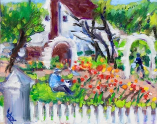 Gardener at Work, Luther Burbank Gardens, 2021 (öljy kankaalle)