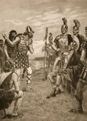 Agricola ottaa vastaan irlantilaisen kuninkaan, kuvitus teoksesta ”Kansakunnan historia”