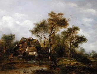 Overshot Mill with Man Fishing (öljy kankaalle)