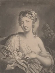 Kevät: nuori nainen pitelee kukkia viitassaan, 1775.