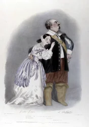 Giulia Grisi ja Luigi Lablache Vincenzo Bellinin Puritaanien 3. näytöksessä. Litografia R. J. Lane. 1835