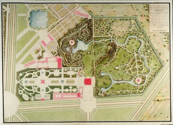 Petit Trianonin ranskalaisten ja maisemapuutarhojen suunnitelma rakennusmassoineen, Richard Miquen teoksesta Recueil des plans du Petit Trianon