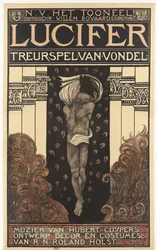 N.V. Teatteri. ohj. William Royaards. Vondelin Lucifer-tragedia. Musiikki Hubert Cuyper. Suunnittelu, sisustus, puvut R.N. Roland Holst. (otsikko esineessä)