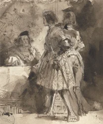 Goetz von Berlichingen keisarillisen tuomarin edessä, n. 1826 (ruskea pesu ja muste grafiitin päällä paperilla)