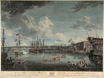 Näkymä Deptfordin kuninkaallisesta telakasta, kaivertaja William Woollett, julkaistu 1. heinäkuuta 1793 (värillinen etsaus).
