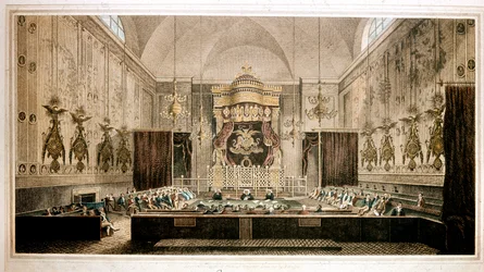 Näkymä House of Lordsista, Ison-Britannian parlamentin ylähuoneesta. Kaiverrus Rothwell. 1800-luvun Parker Gallery, Lontoo