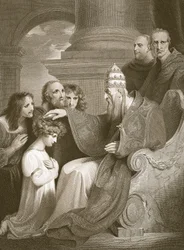Prinssi Alfred ennen paavi Leo III:ta, kaiverrettu J. Stow, kuvitus David Humen teoksesta "Englannin historia", pub. R. Bowyer, Lontoo, 1812